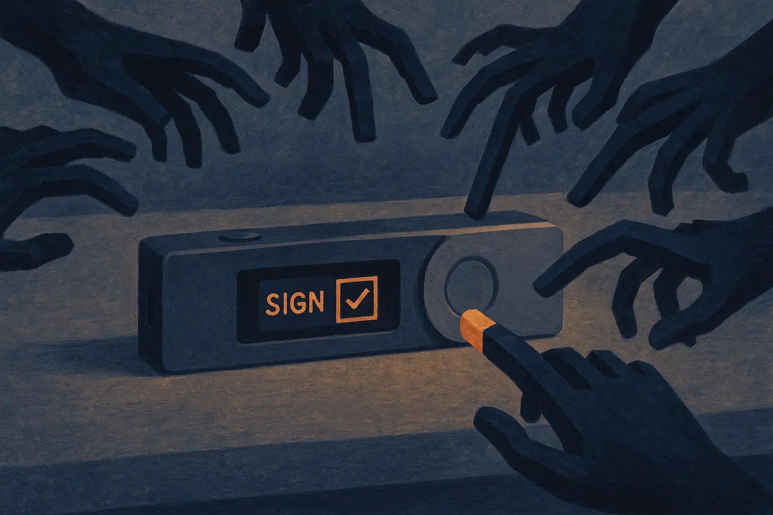 a hardware wallet on a table with many deceptive digital hands reaching toward the same signing button from different di