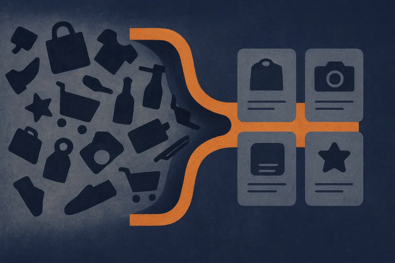 messy product items flowing through a carefully shaped reference mold into neat structured product cards