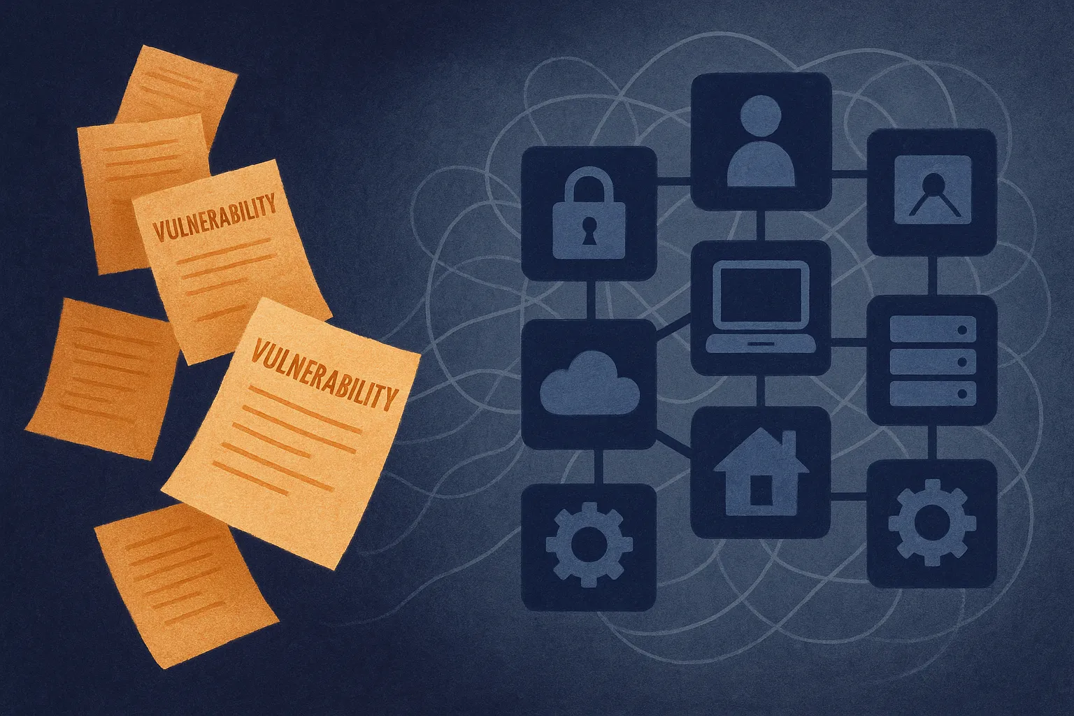 plain vulnerability documents flowing into a structured cluster of object cards, with clear solid connections for simple