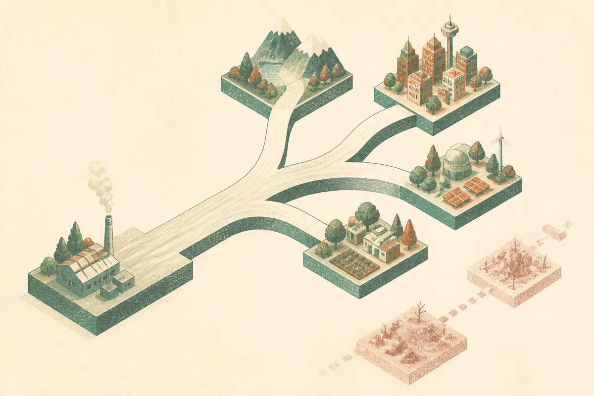 multiple branching future paths emerging from one shared history, with a separate faint band of disconnected slices near