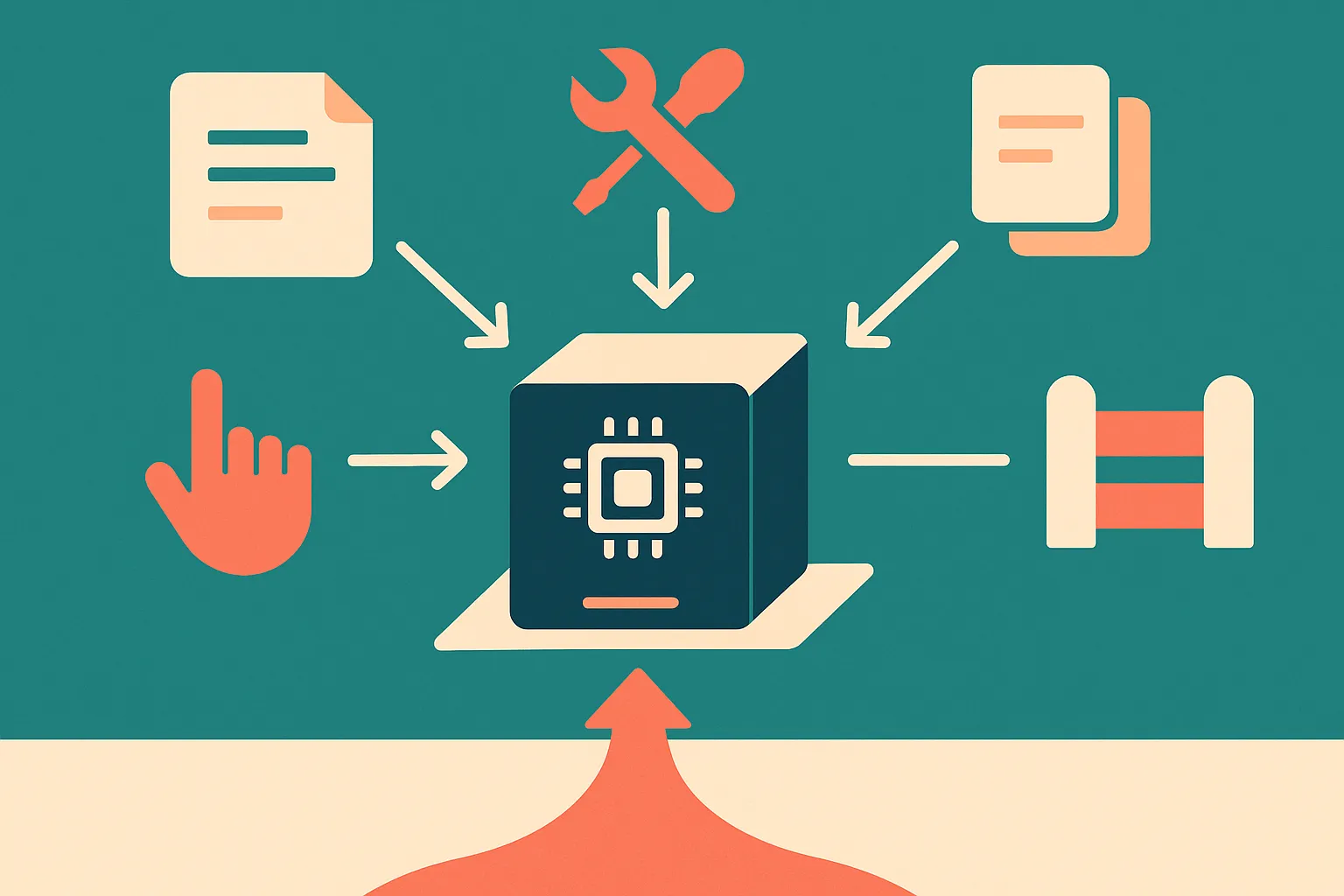 a small prediction engine surrounded by context documents, tools, memory, human feedback, and guardrails all feeding int