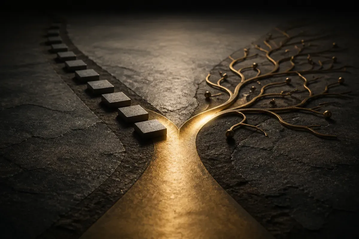 two parallel paths merging into a single wider road, one path showing repeated identical segments and the other showing