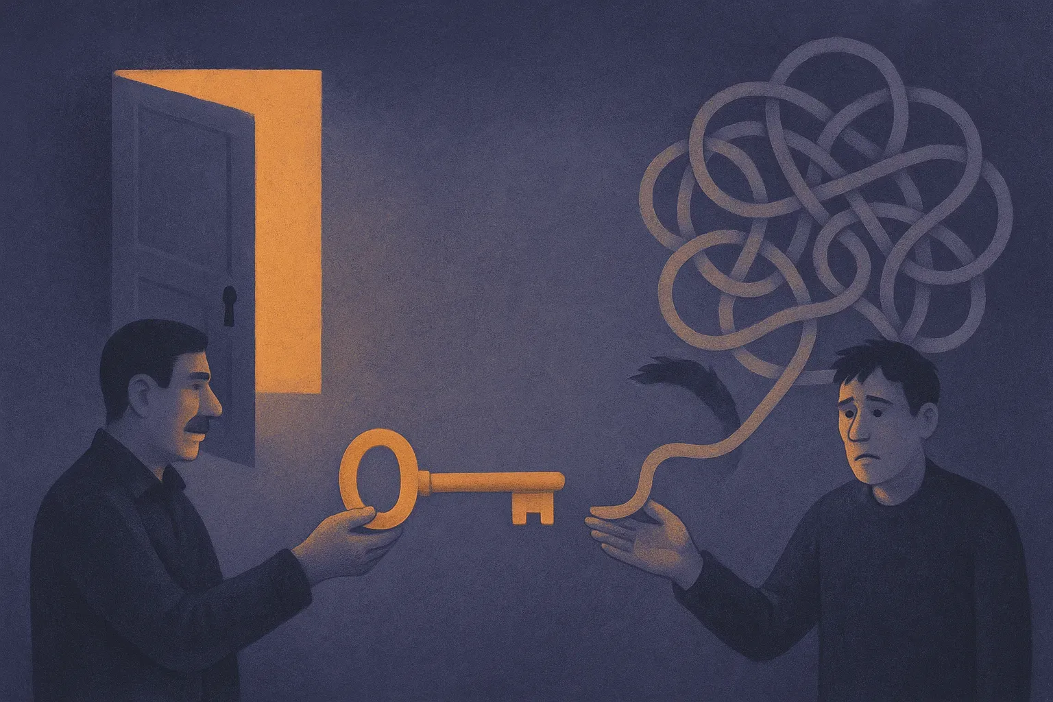two people handing the same tool to a locksmith and to someone who has never seen a lock, the same tool producing an ope