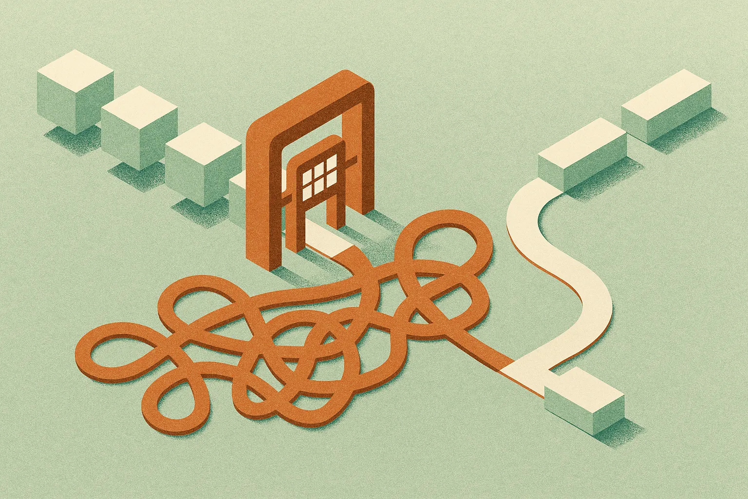 repeated prompt blocks passing through a cache gate, then splitting into a clean tool path and a tangled retry loop