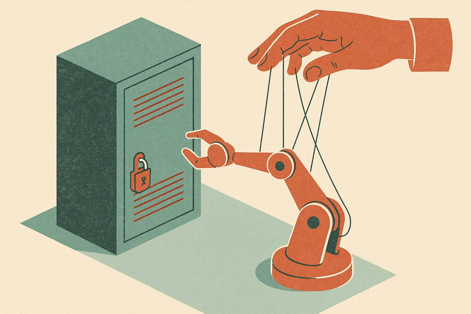 an autonomous robot arm reaching toward a locked server cabinet while a human hand holds several hidden control strings