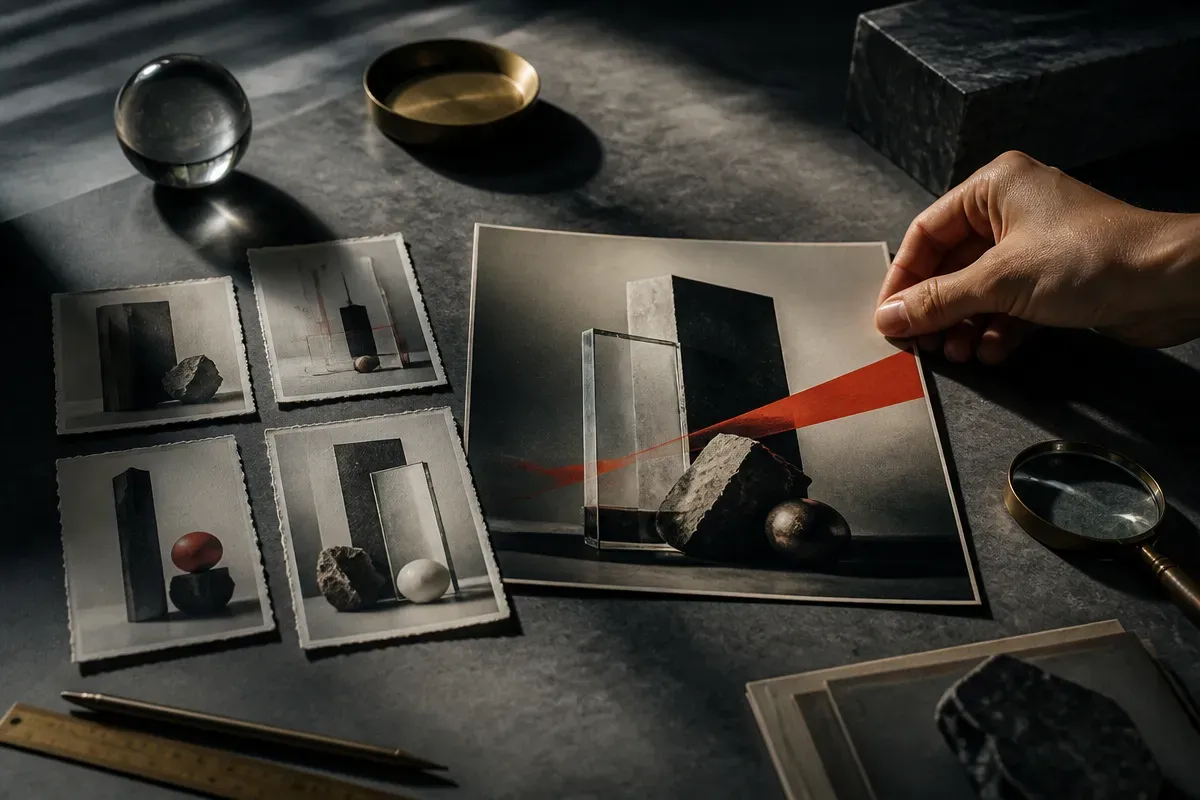 human hand arranging several rough visual poster concepts into one cleaner final composition