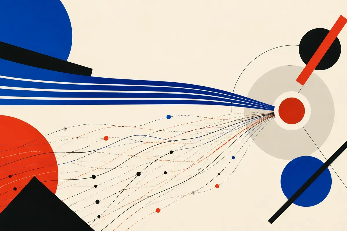 two clusters of branching paths, one tight bundle of strong parallel lines and one wide fan of weak scattered lines, bot