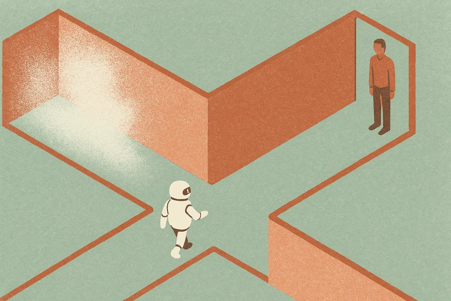 a small embodied agent moving through a corridor with branching paths, one path clear, one path foggy, and a human figur