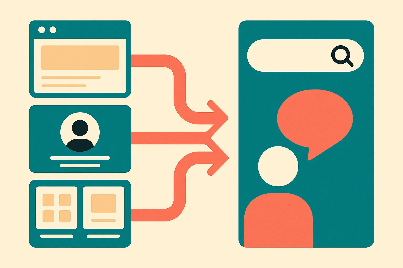 three discovery paths flowing from a website, a local profile, and a product feed into separate search and assistant sur