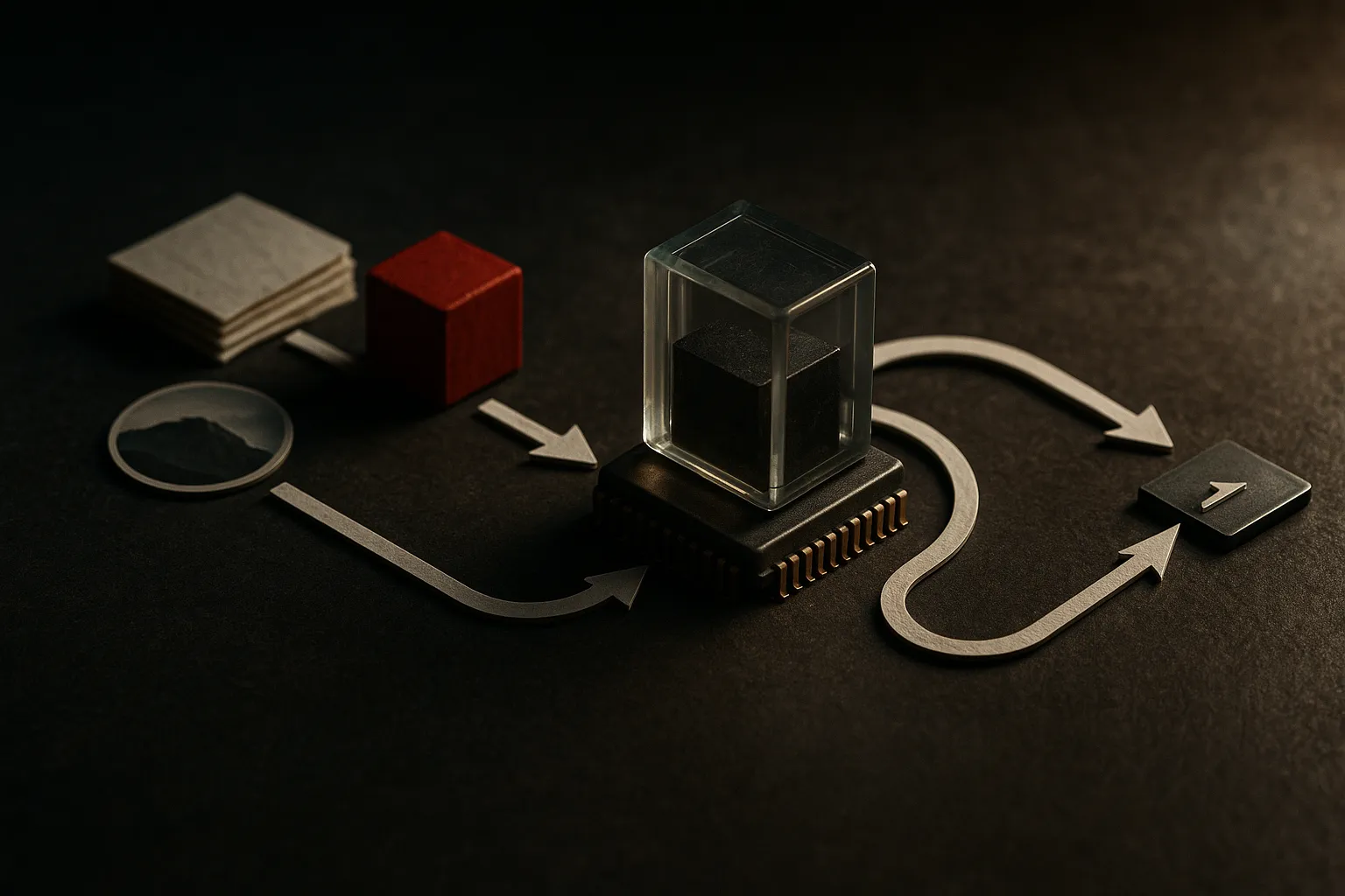 examples flowing into a compact memory core, then looping internal computation before a single output