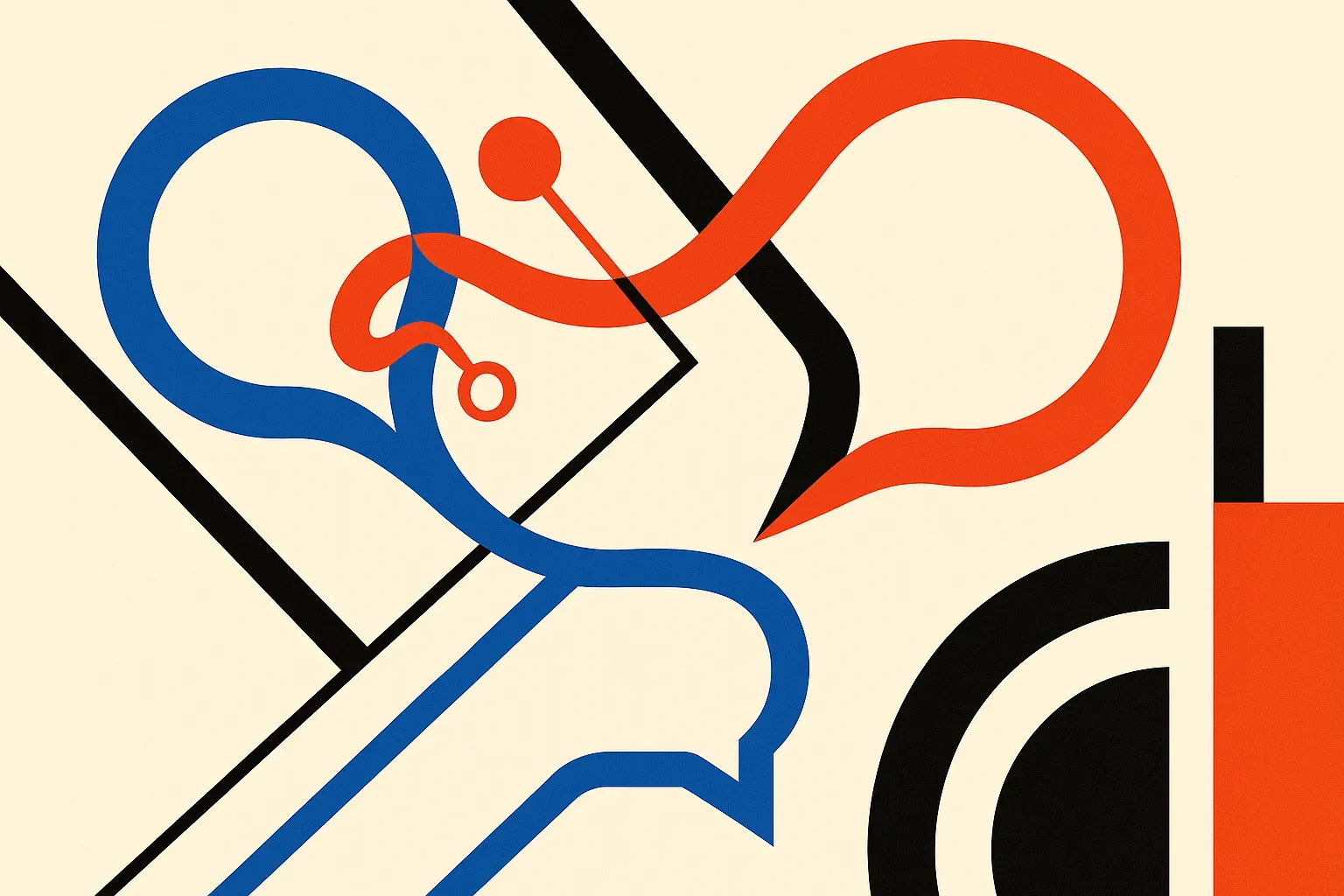 two flowing speech streams, one initial reasoning path bending back to correct itself before merging into a final respon