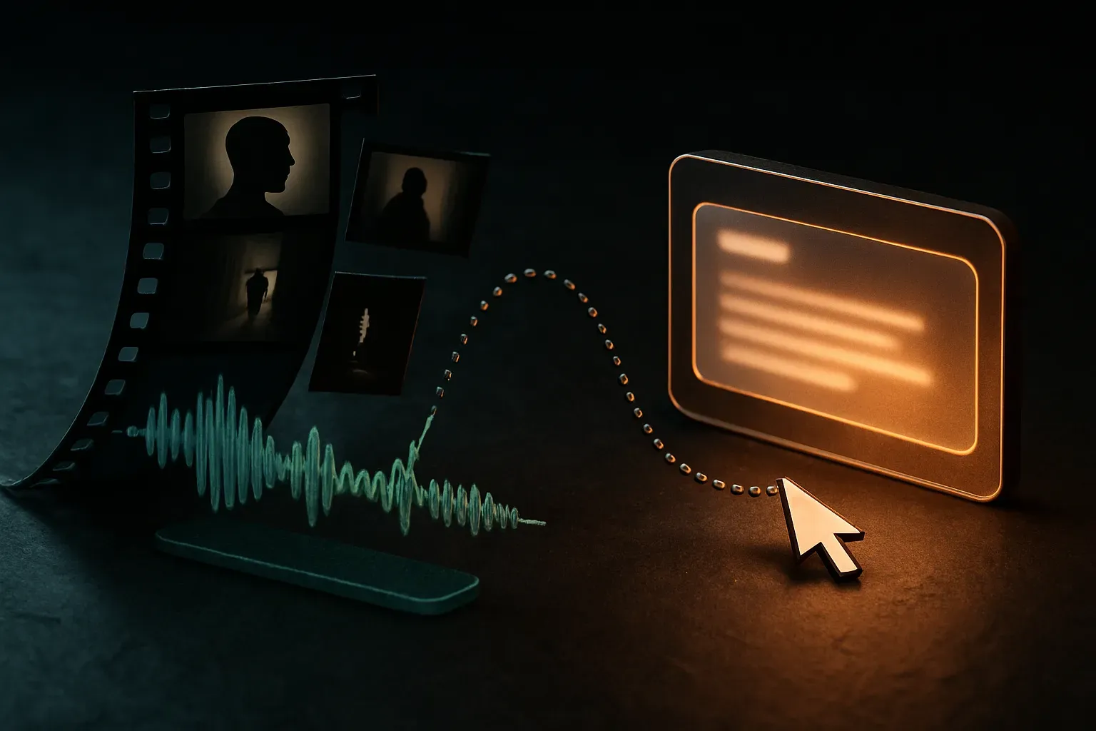 film strip breaking into selected still frames, an audio wave, and a screen cursor trail, all flowing into a single glow