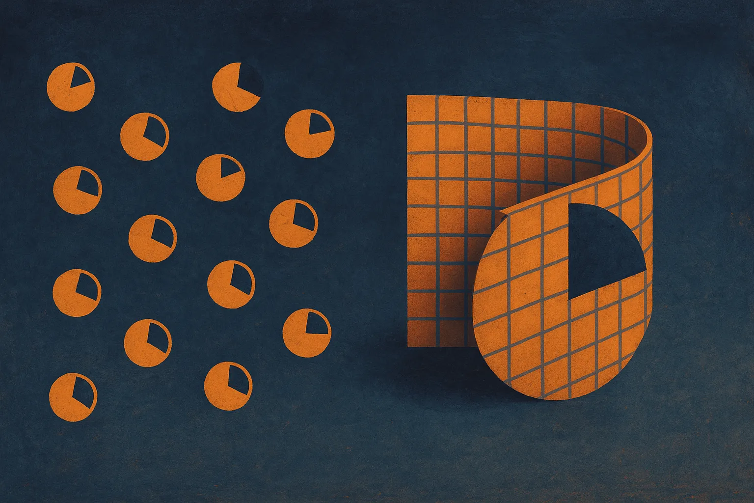a matrix being scattered into many separate small dials versus the same matrix being folded whole into a single rotation
