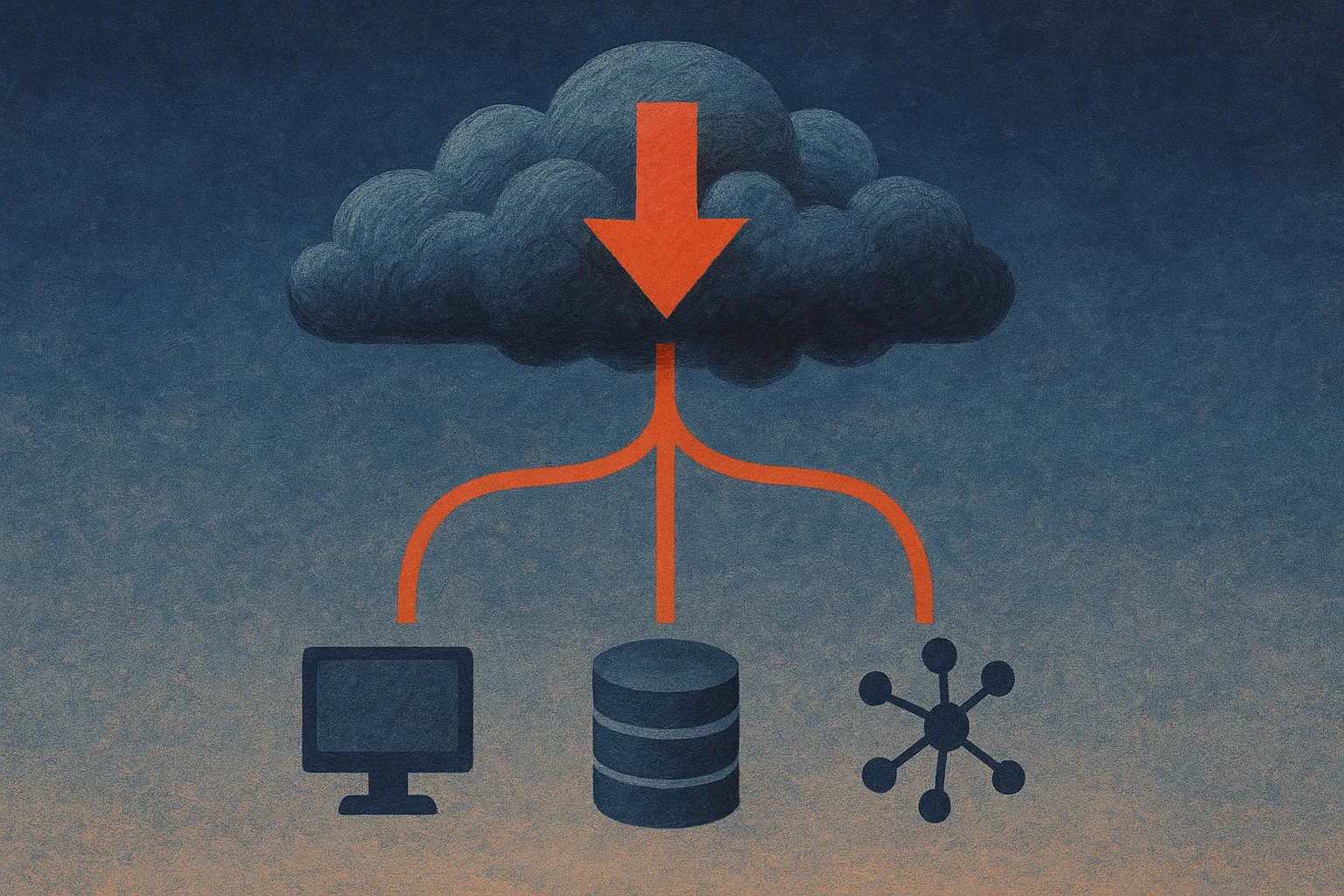 one cloud region under pressure with branching fallback paths to separate compute, storage, and model endpoints