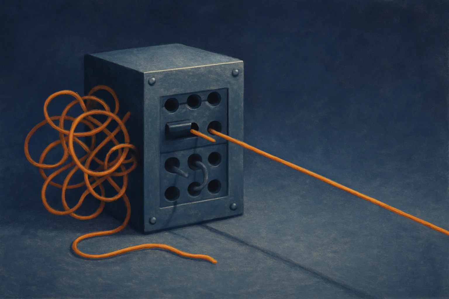 a single critical thread woven through a machine, tangled and unlabeled versus the same thread clean and traceable