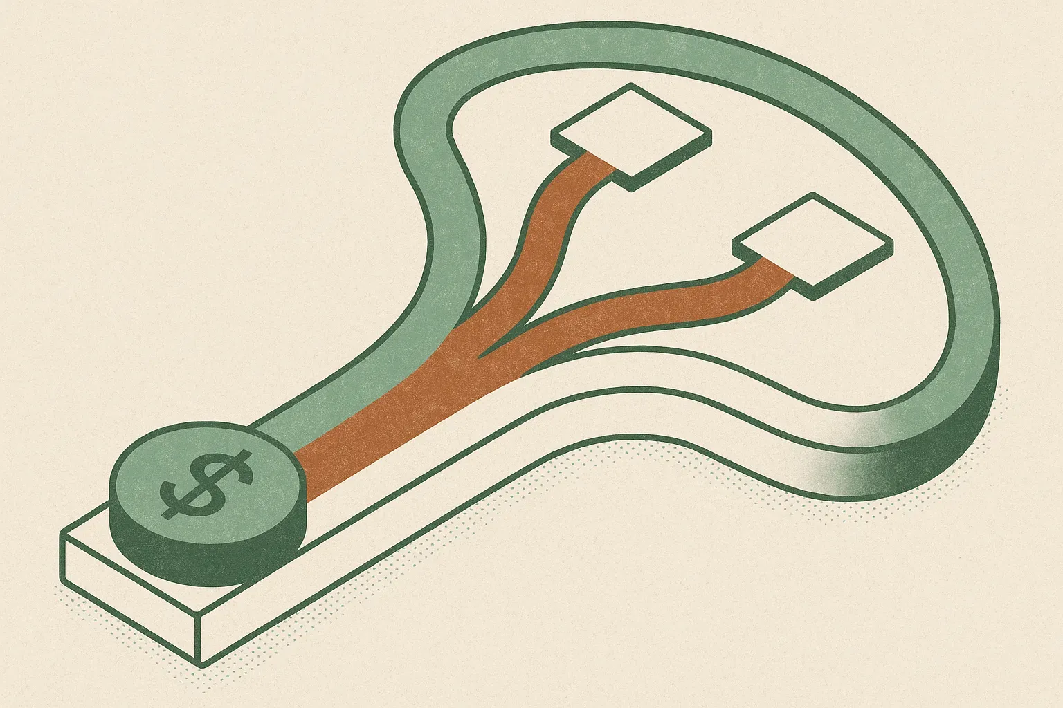 three different colored paths from transaction activity splitting toward competing outcomes, then forming a curved bound