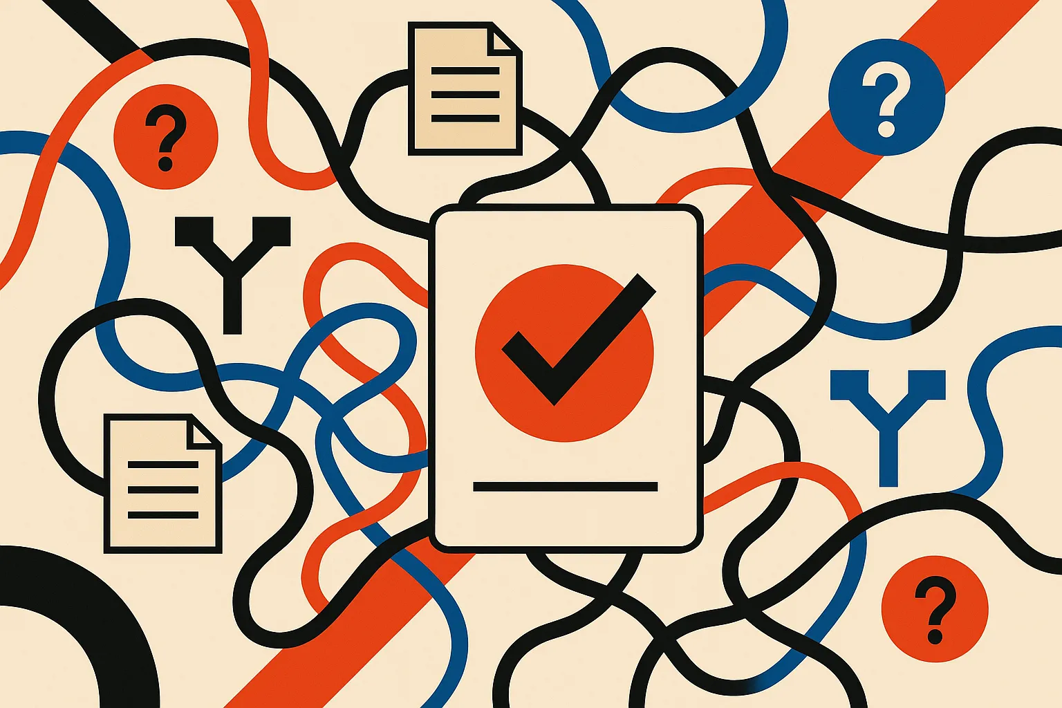 a polished answer card in front, with tangled paths behind it connecting scattered documents, question marks, and decisi