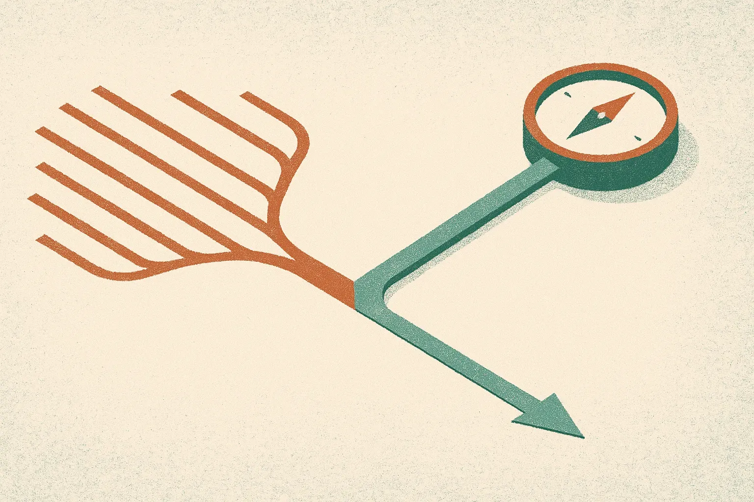 one branch splitting into many parallel paths versus a single branch guided by an internal compass, side by side as a co