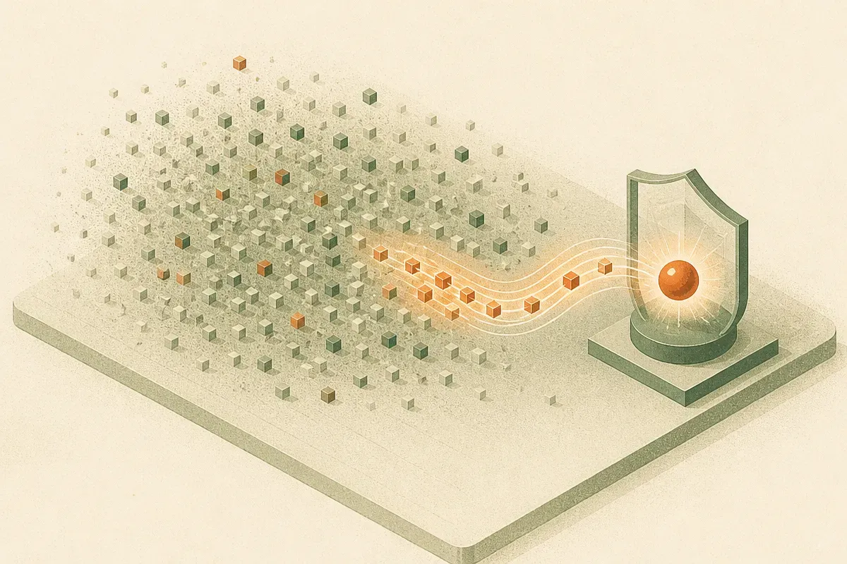 a large cloud of scattered feature points with only a small cluster glowing and flowing into a shielded reward signal