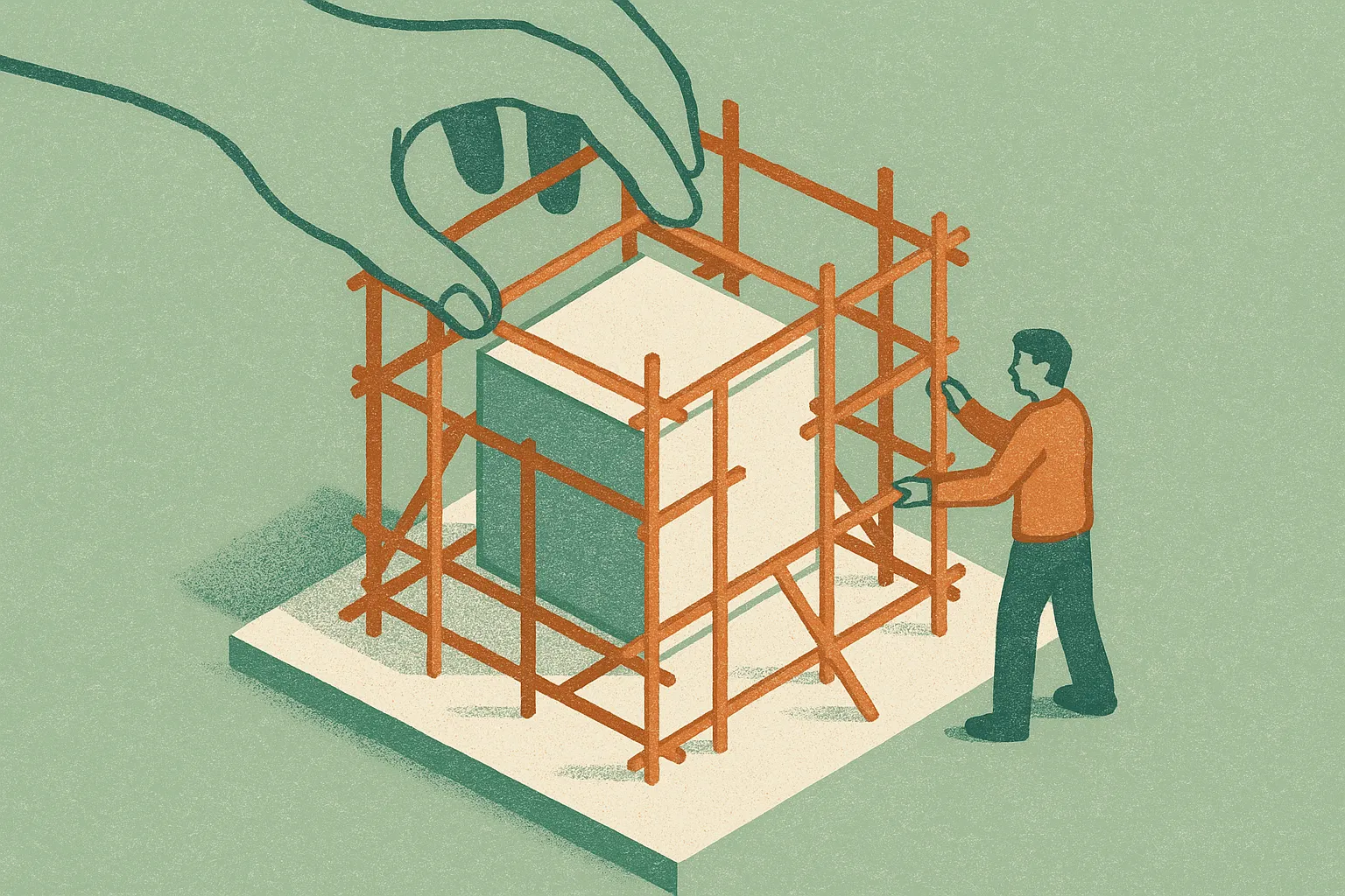 a hand-crafted scaffold surrounding a fixed core, with an external assistant reshaping the scaffold while the core stays