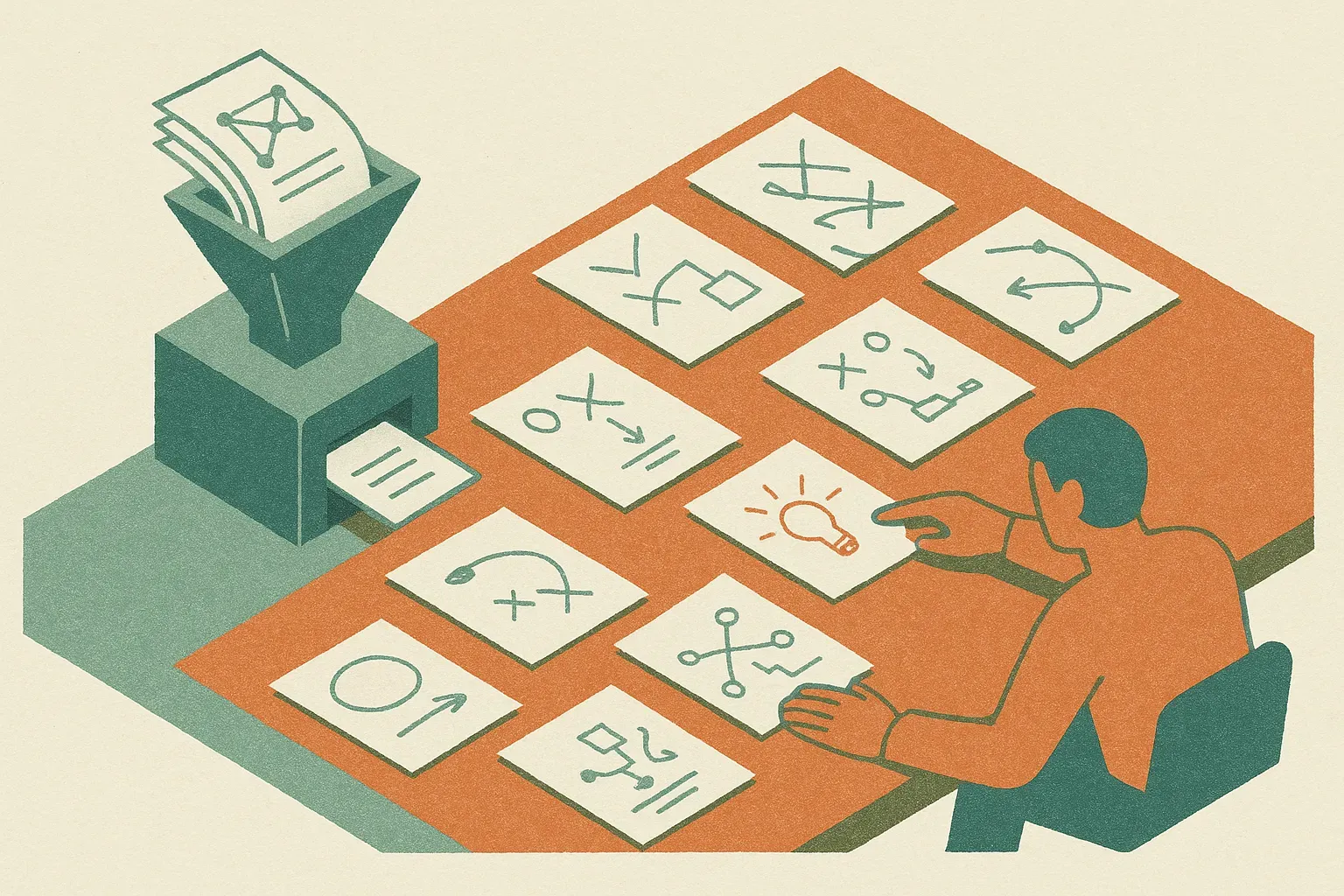 a narrow machine funnel producing polished proof pages while a wider human workspace contains scattered sketches, failed
