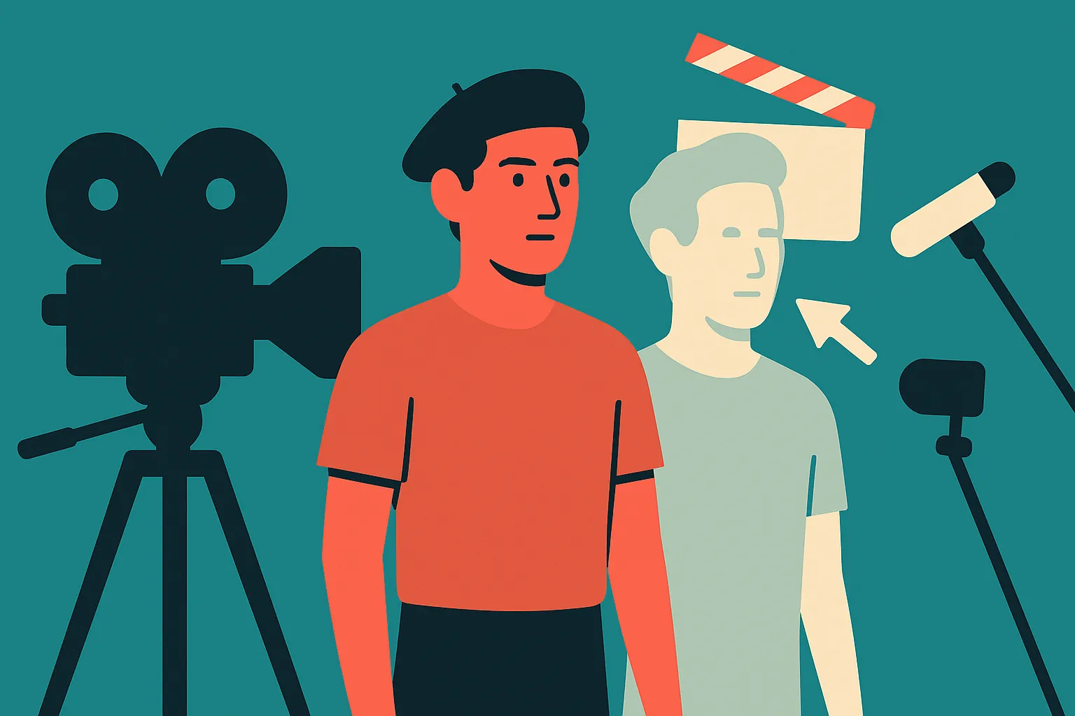 an actor standing between a physical film camera and a ghostlike digital double being shaped by production tools