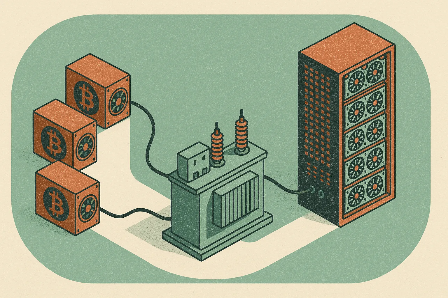 bitcoin mining machines on one side gradually transforming into dense GPU server racks, both connected to the same elect