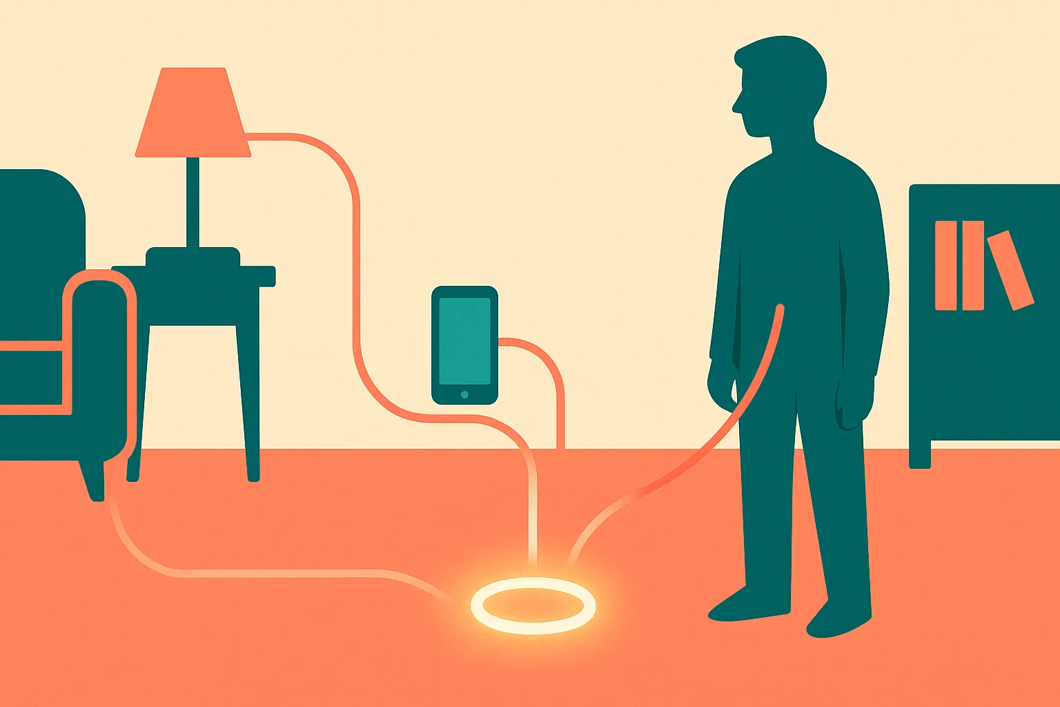 a small glowing ring-shaped object in a room, with soft paths connecting it to a person, a phone, and household objects
