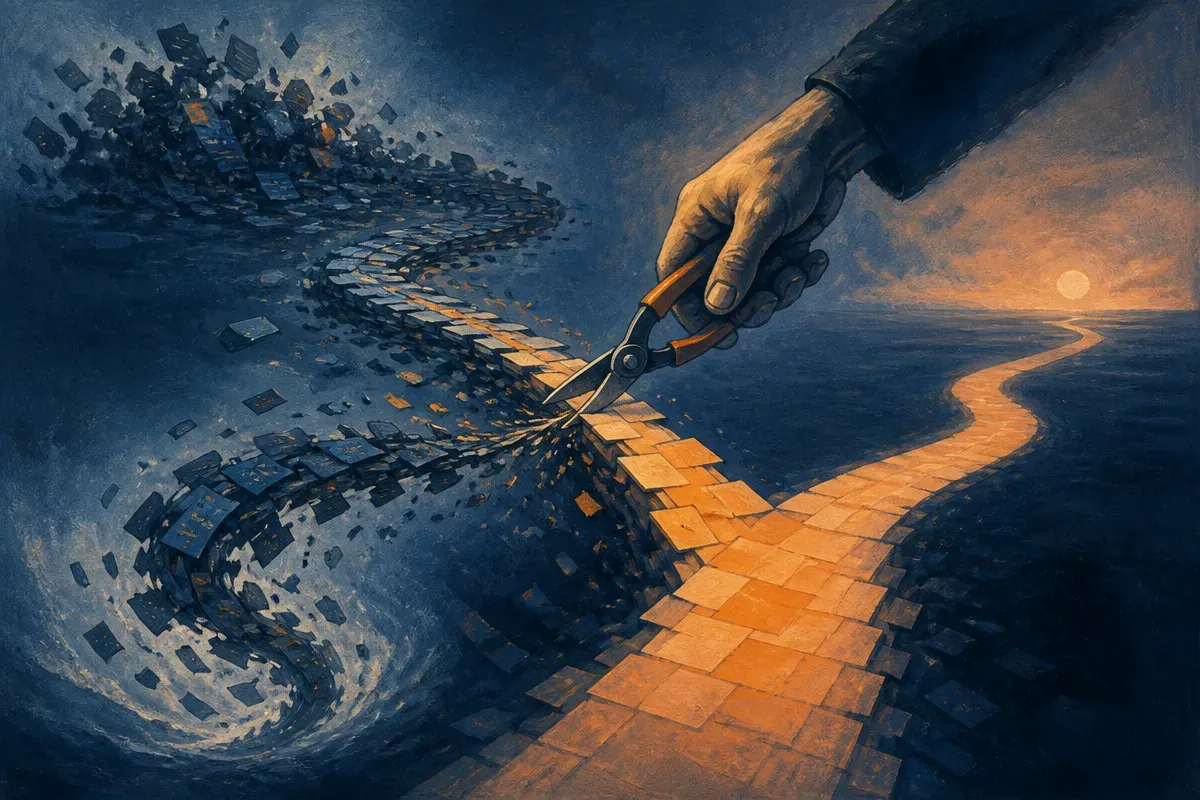 a long messy trail of coding artifacts being narrowed through selective pruning into a smaller clean path, with a separa