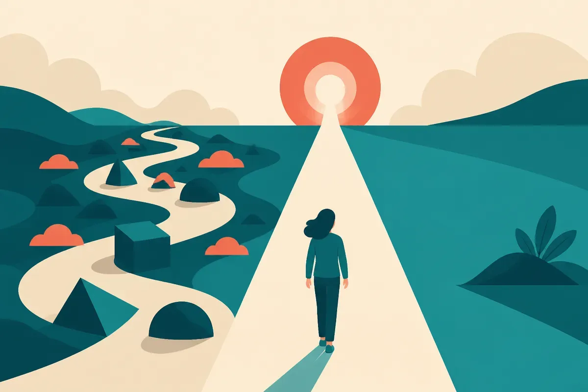 a winding path that straightens and shortens as an inner sense of certainty grows along it