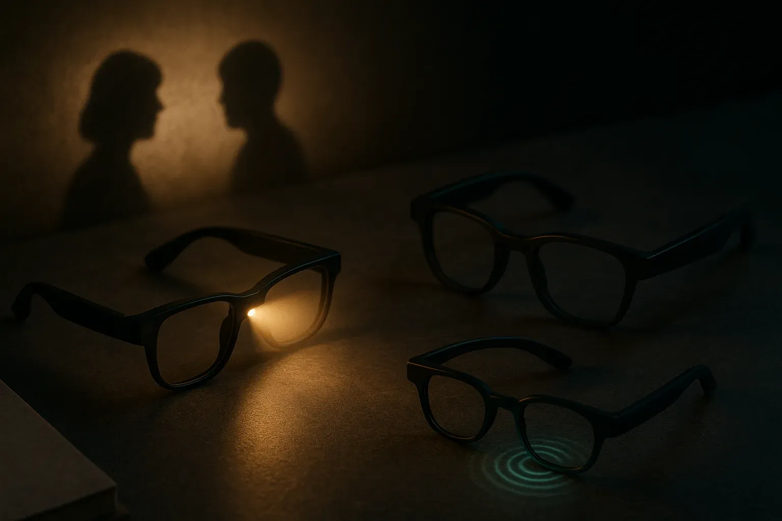 two pairs of smart glasses on a table, one projecting a visible camera-like glow toward nearby people and one emitting o
