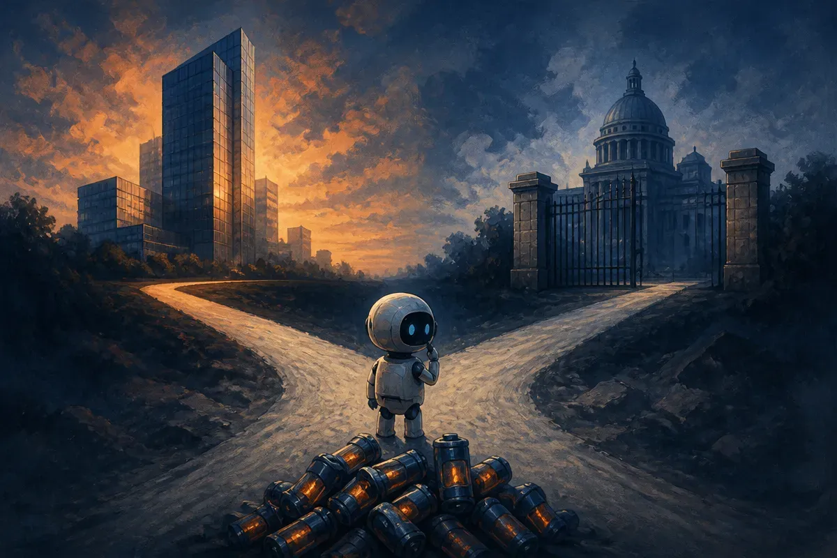 a small autonomous assistant figure standing at a fork, one path leading to a corporate tower and the other to a governm
