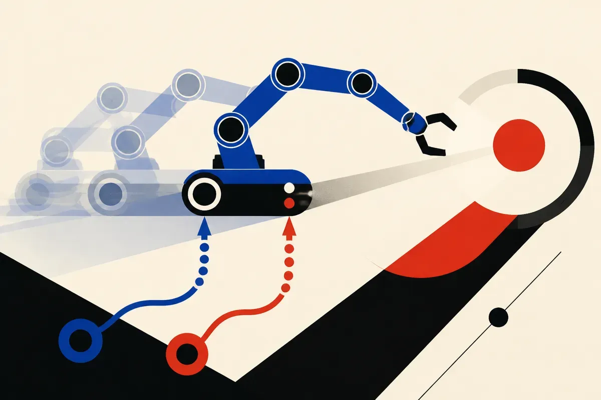 frozen robot behavior flowing forward while two small correction streams adjust the moving base and reaching arm before 