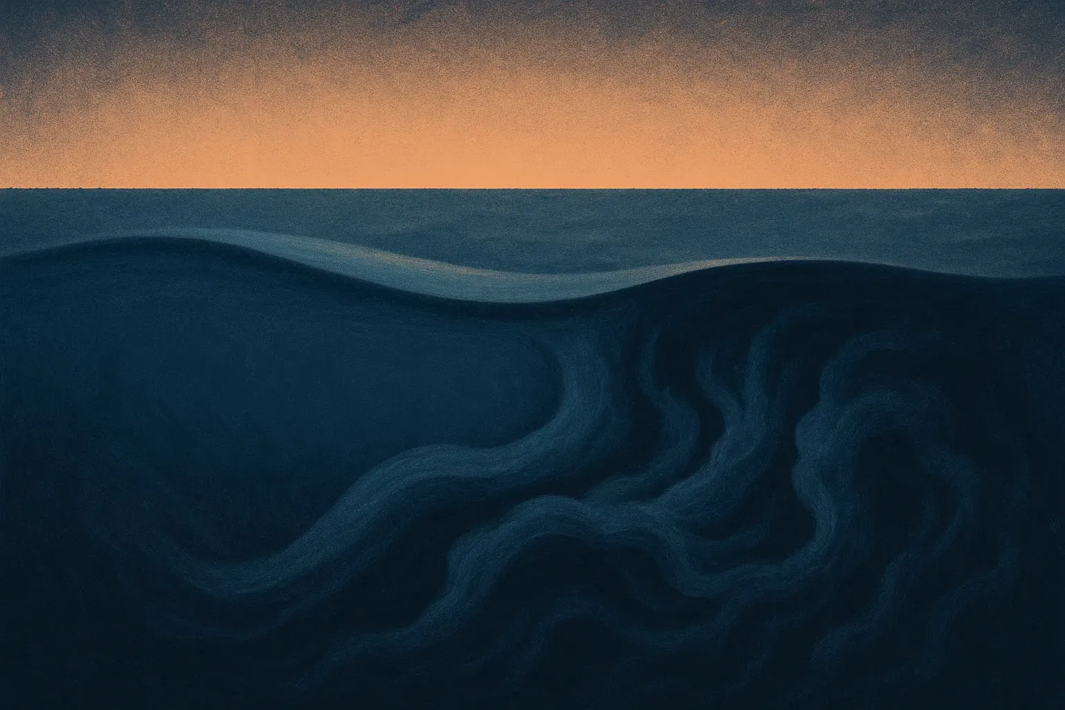 a smooth flowing current beneath a calm surface, contrasted with a turbulent hidden current beneath an equally calm surf