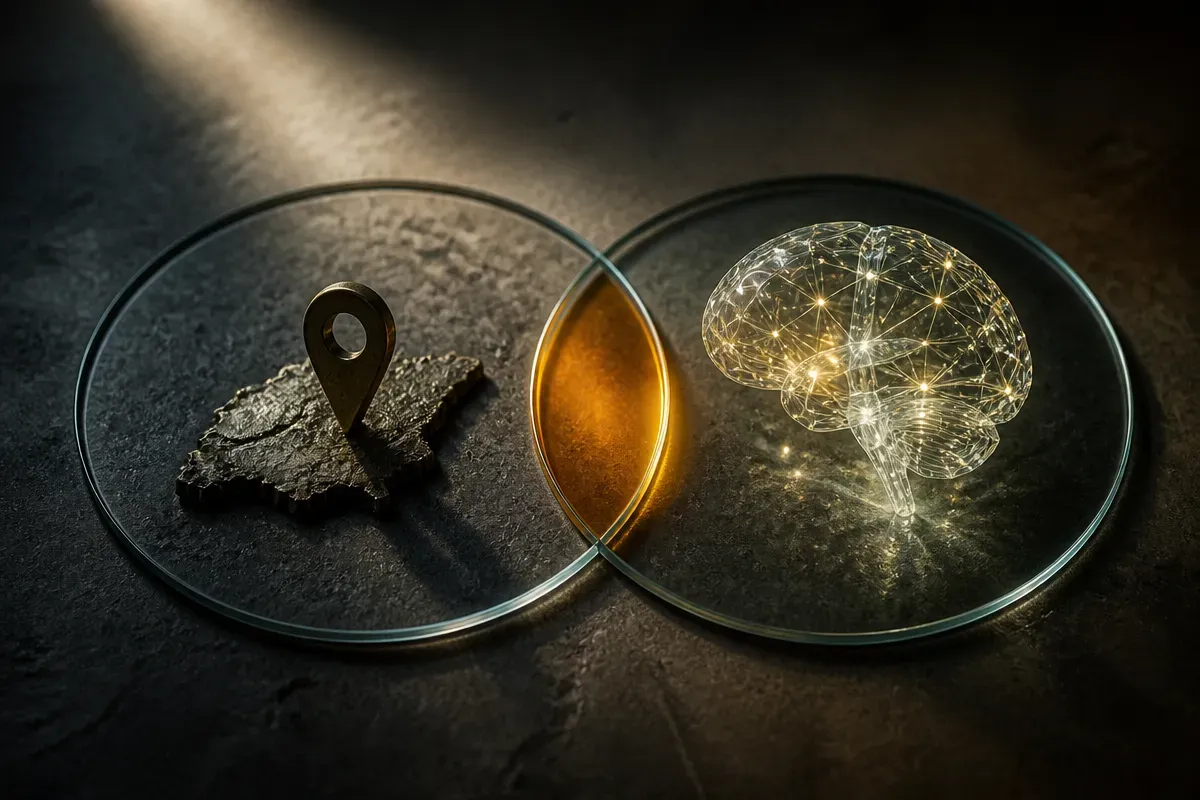 two overlapping circles, one rooted in a small country marker and one in an abstract glowing intelligence form, with a d