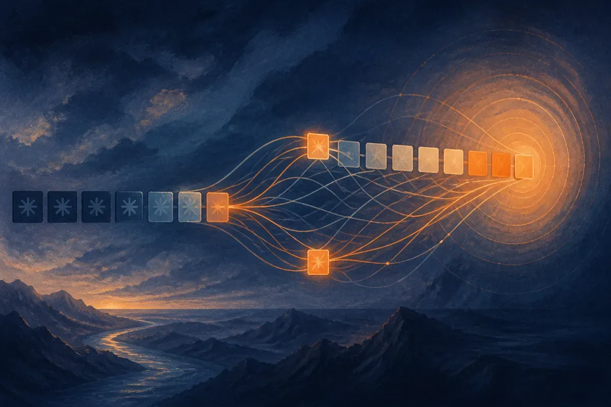 masked tokens gradually becoming a completed response, with a few bright decision points sending visible influence throu