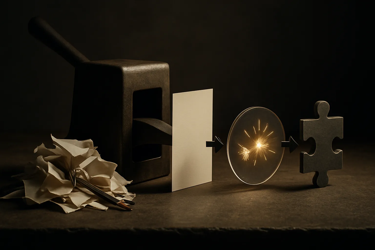 a small messy pile of paper and tools entering a simple machine, then emerging as three distinct objects: a clean page,
