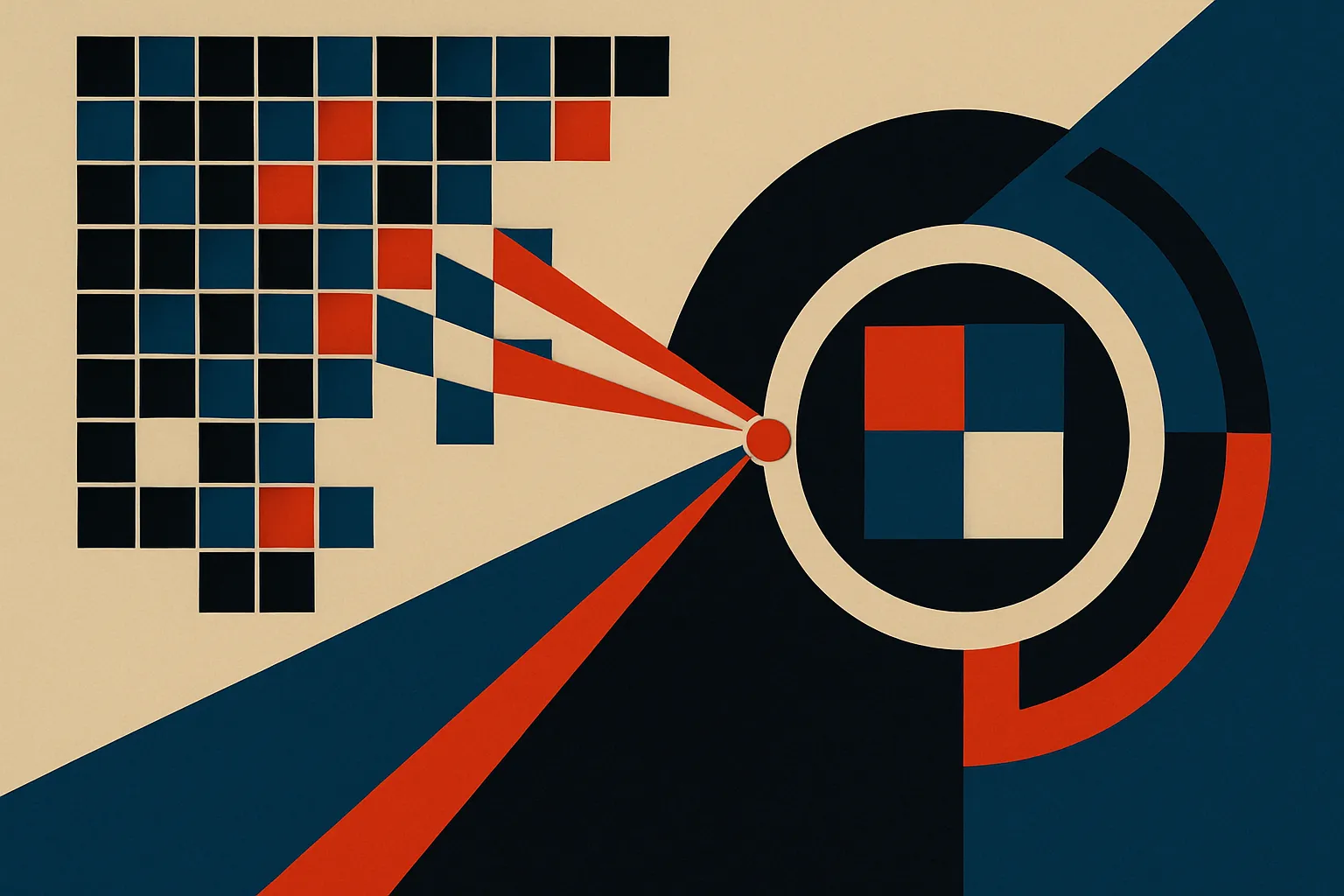 one small glowing token pulling a few bright visual tiles from a large dim mosaic into a focused model core