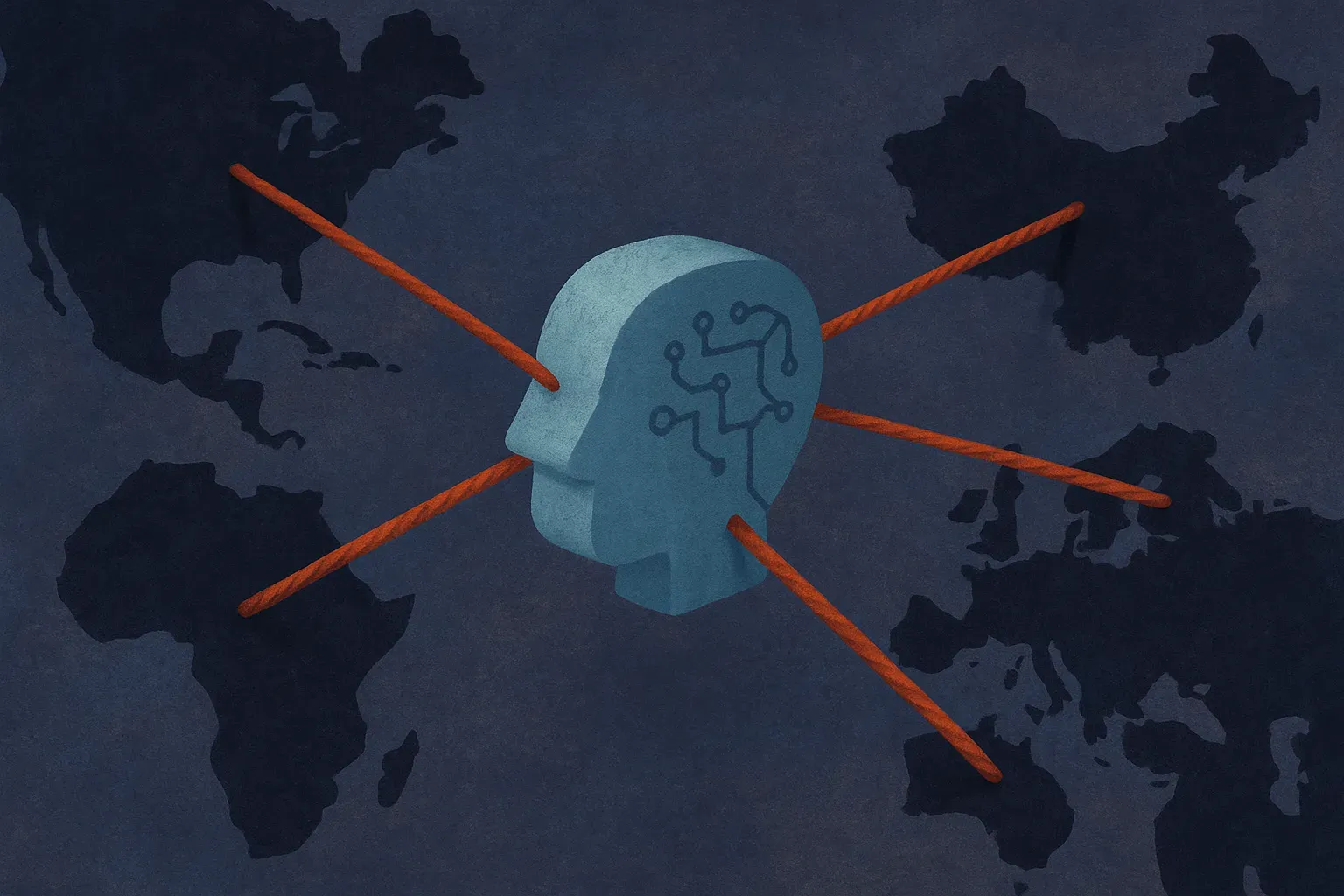 one shared model shape being pulled toward several different regional shapes, tension visible at the connection points
