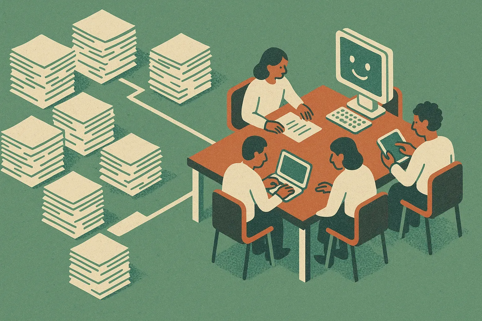 a municipal office represented as many scattered paper stacks flowing into a single shared workbench used by people and 