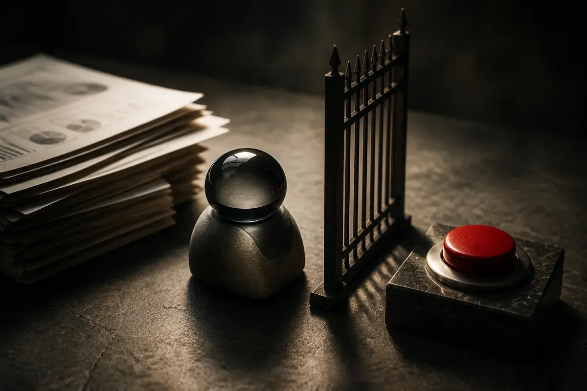 an assistant-like shape sitting between a stack of research pages and a hand pressing a trading button, with a visible g