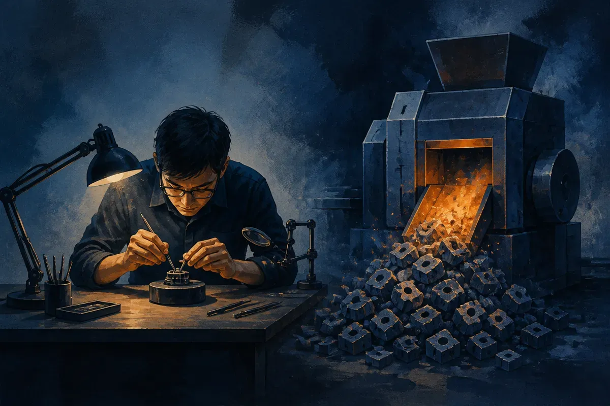 one developer at a workbench shaping a small precise component while a machine nearby produces a pile of rough parts
