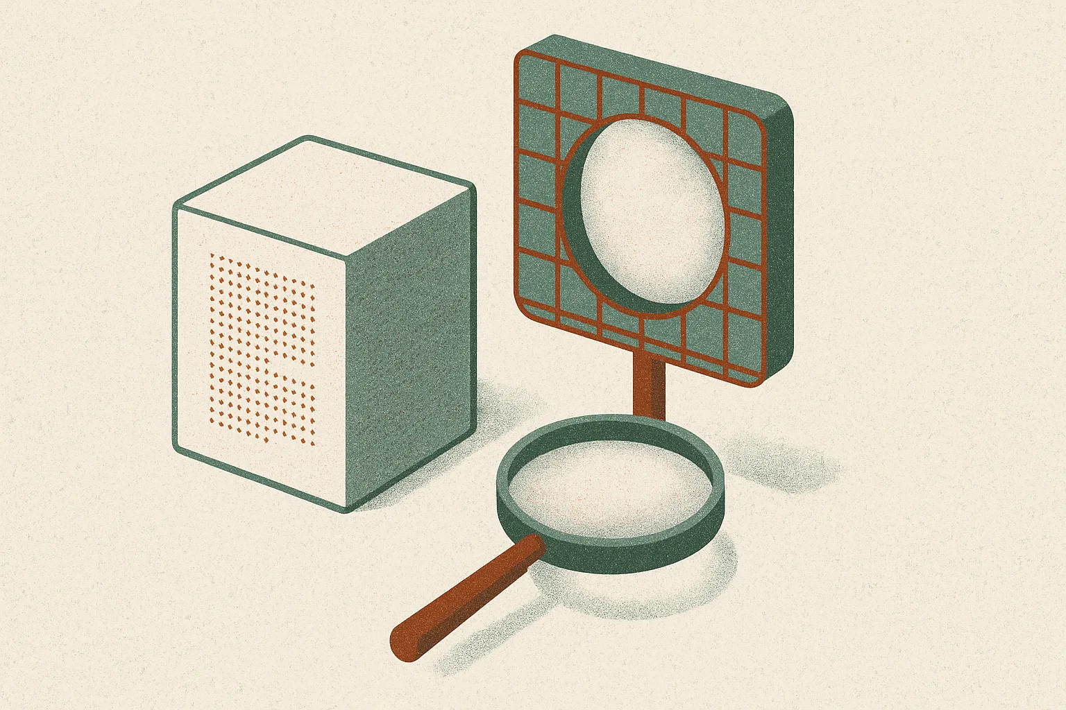 the same block of stored knowledge passing through two differently shaped lenses, one rigid grid and one soft blur, prod
