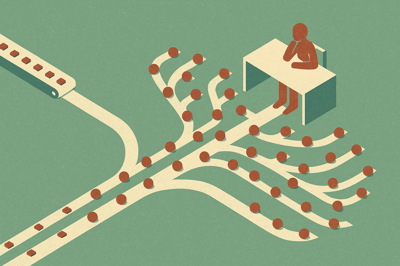a narrow assembly line turning into a wider branching workspace with many small inputs flowing toward a human decision p