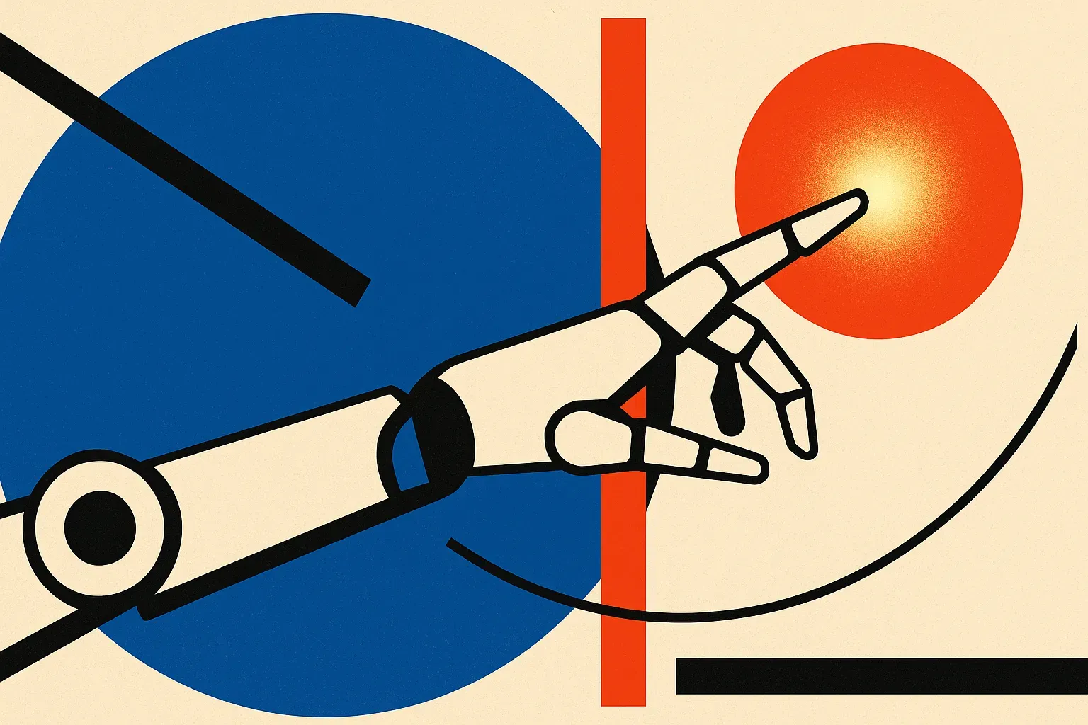 a robot arm reaching straight toward a target while brushing past a barrier it clearly registered, the target glowing br