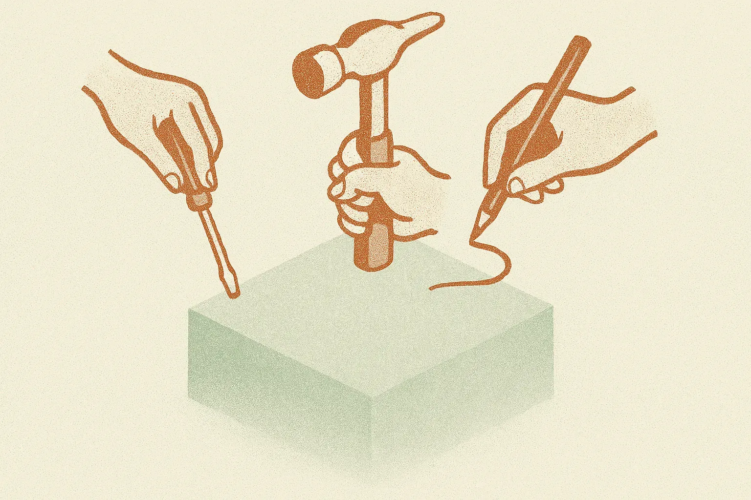 a large foundation block below three small distinct tools being actively used by hands, the foundation faded and the too