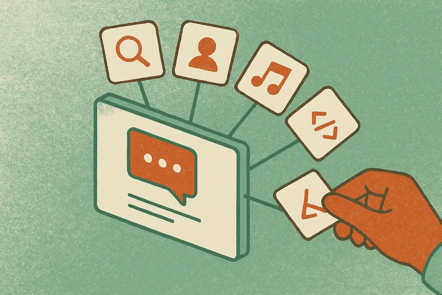 a central chat window connected to a fan of small tool cards, with some cards already attached and one new card being ad
