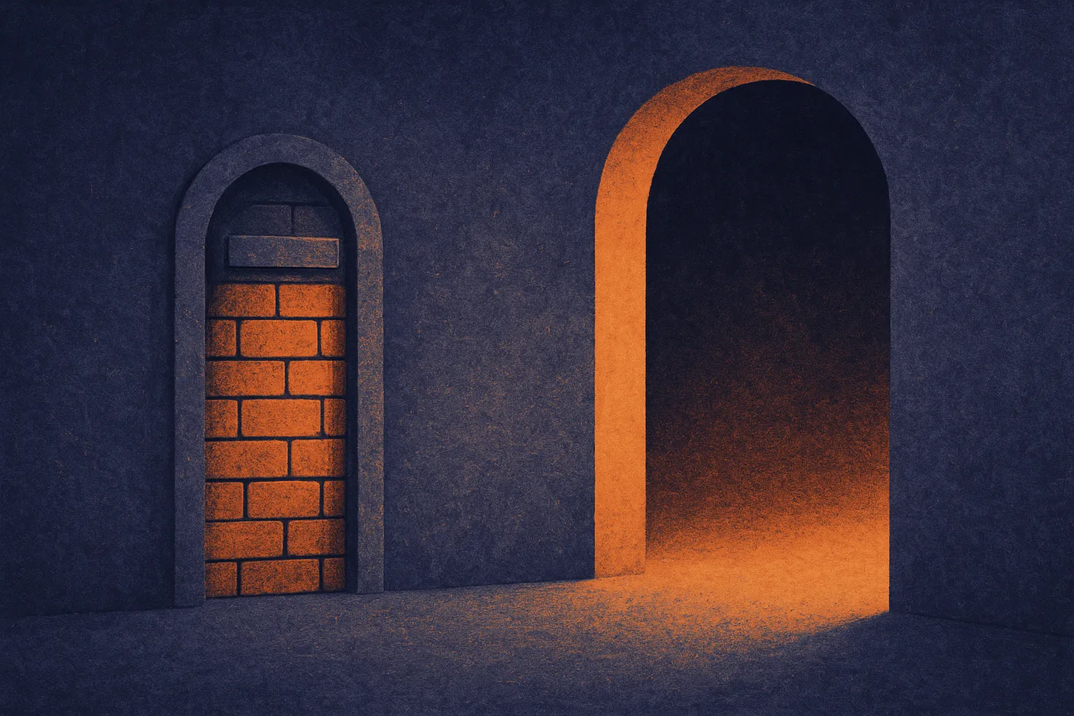 an old labeled doorway being sealed while a wider unmarked archway opens beside it