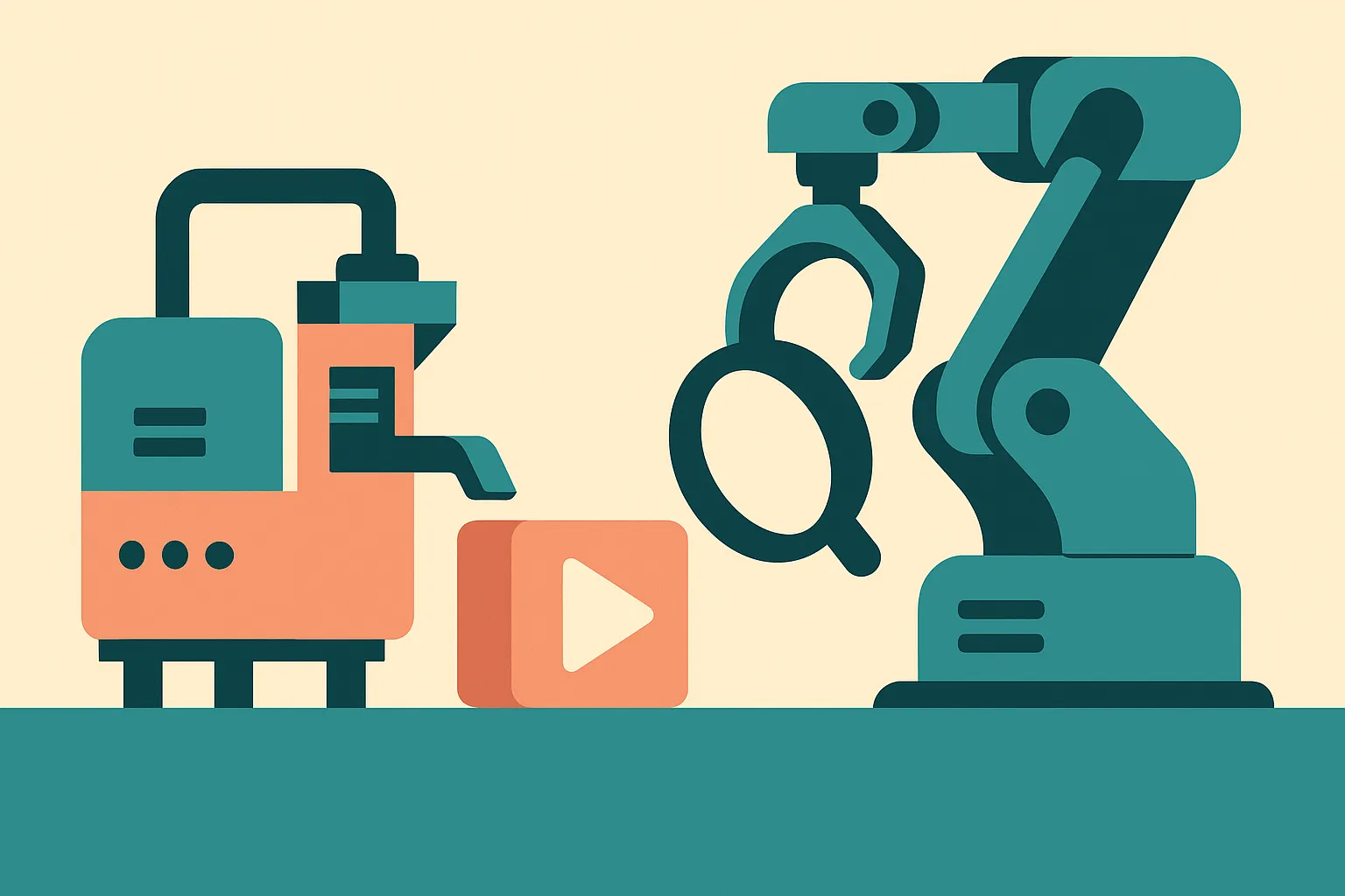 a small rough machine producing a simple playable object while a larger careful machine inspects it nearby