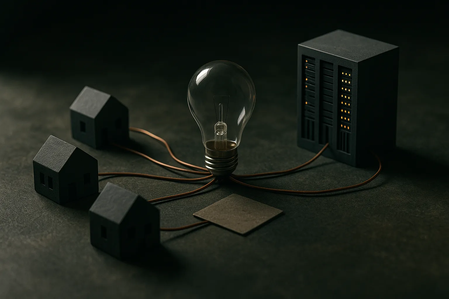small homes connected to a shared power source while a large compute facility draws from the same source, with community